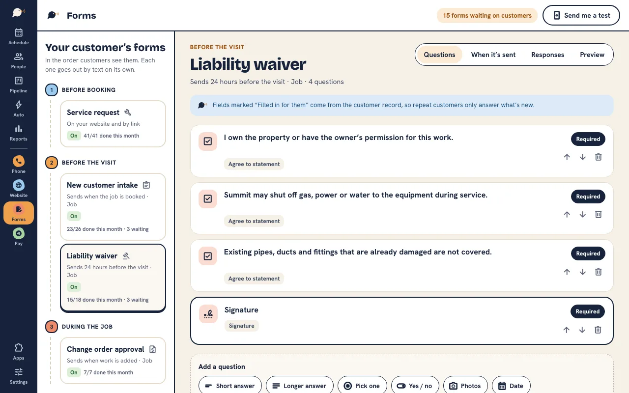 FrontLark forms builder: a liability waiver’s statements and signature, next to the service request, intake, waiver and change order forms in the order customers see them.