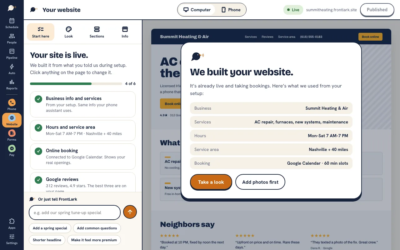 FrontLark website builder: “We built your website” over the Summit Heating & Air site, listing the business info, services, hours, service area and booking FrontLark used from setup.